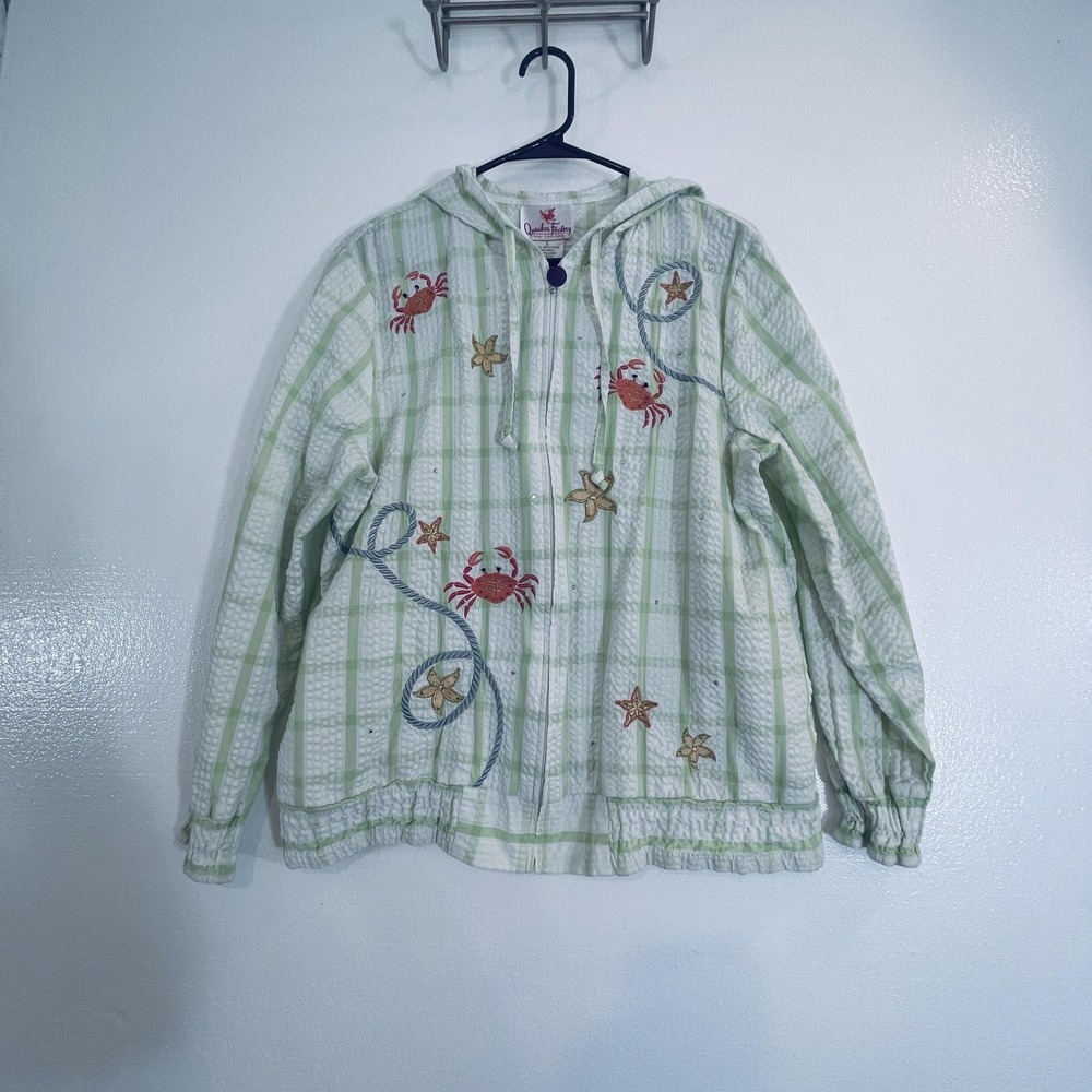Quacker Factory Jacket Womens L White Green Plaid Crab Starfish Hooded Zip Beach